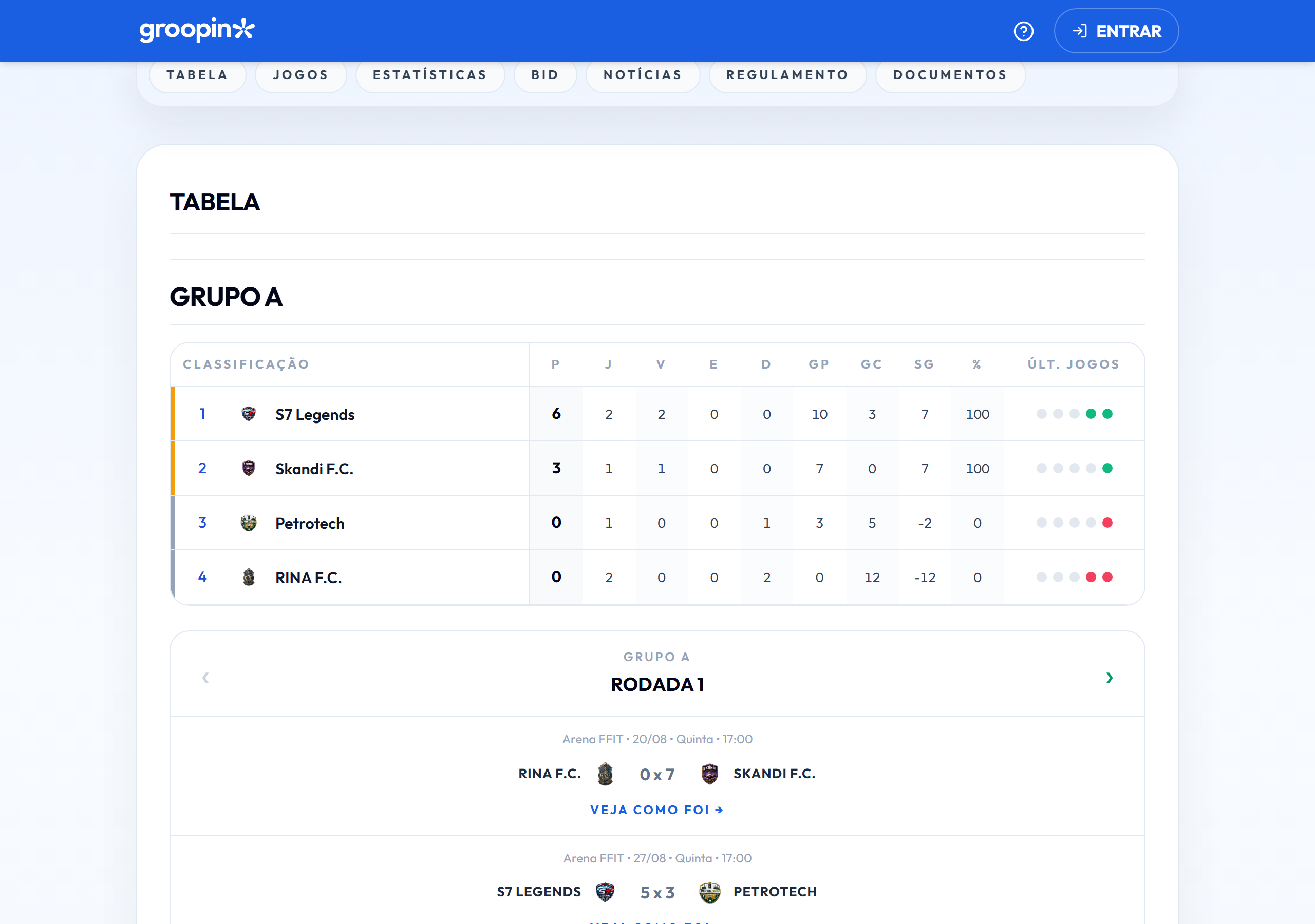 Página pública da Engecopa no computador, com a classificação e os jogos no layout real do Groopin.