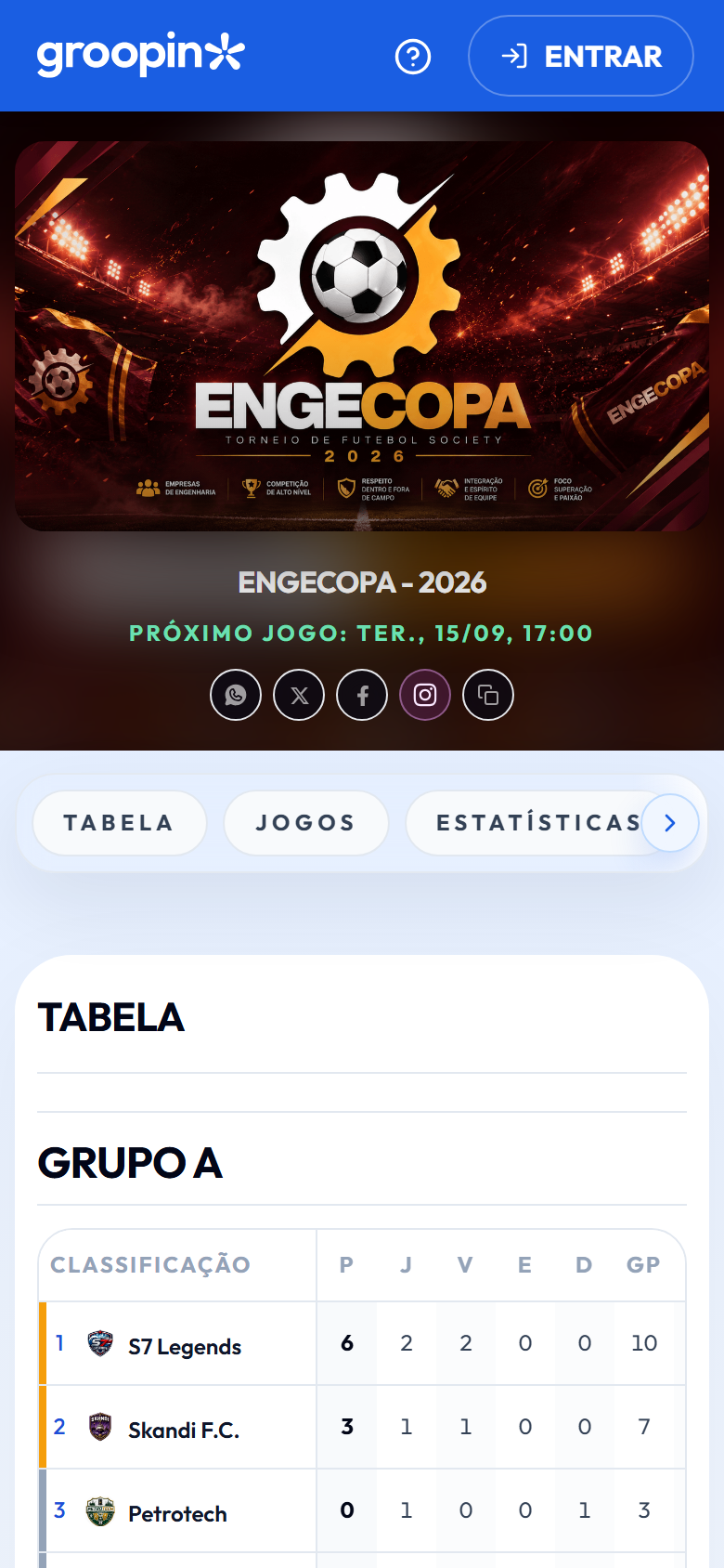 Capa, título, navegação e tabela da Engecopa na página pública real do Groopin no celular.