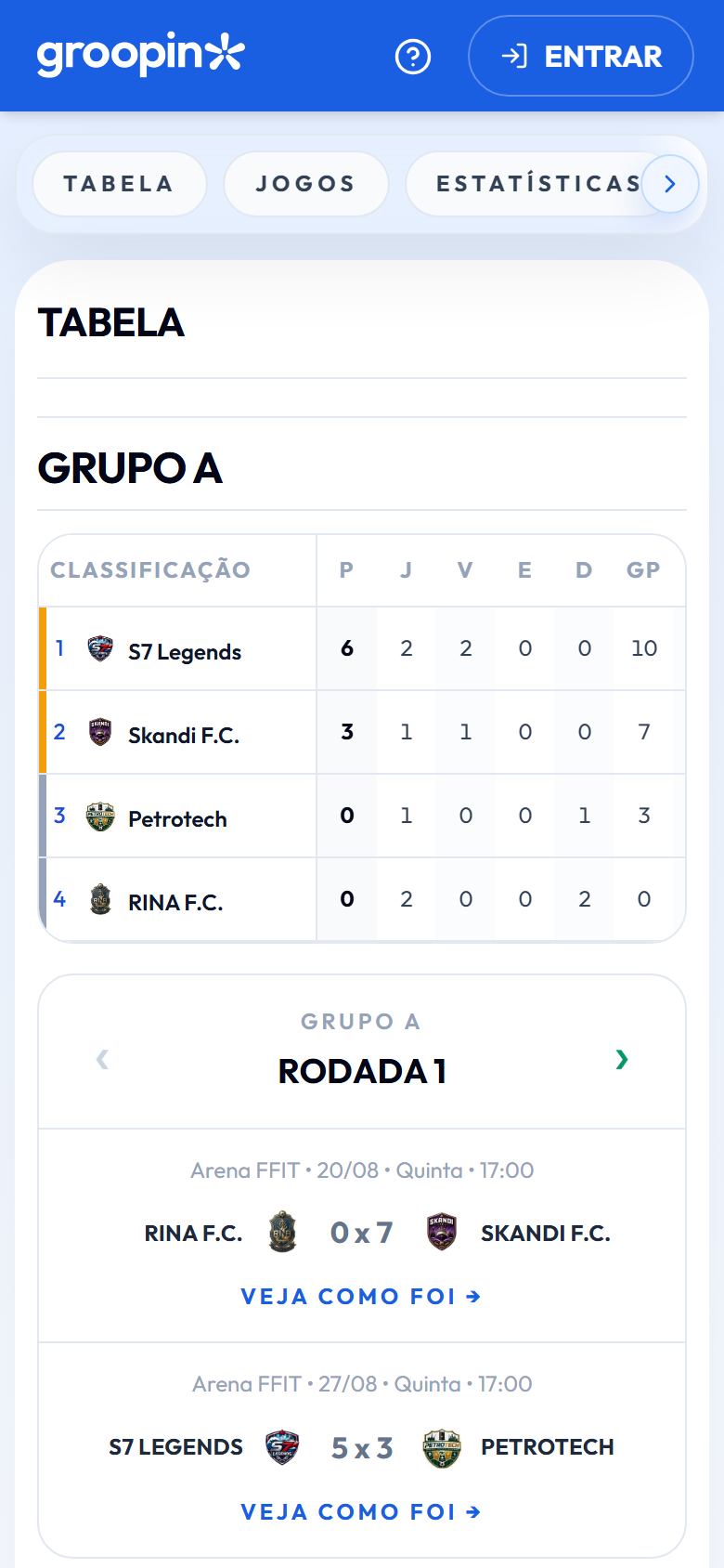 Classificação e jogos da Engecopa na página pública real do Groopin no celular.