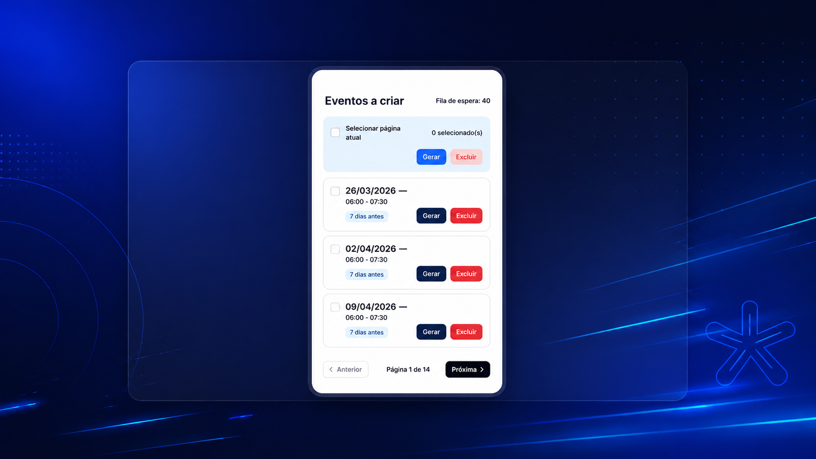 Mockup do wizard de recorrência com calendário