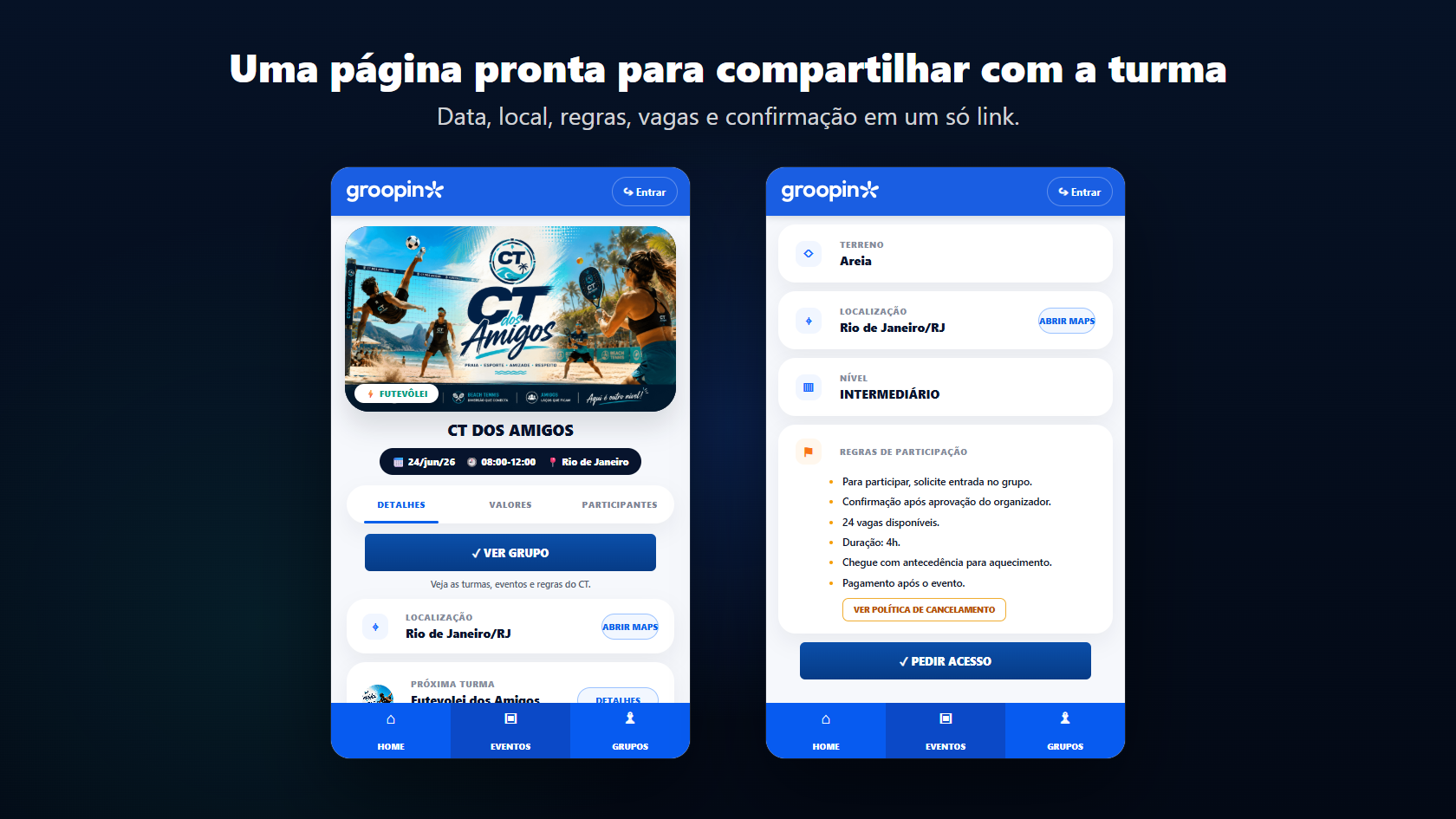 Pagina publica do CT de futevolei e beach tennis no Groopin com data, local, regras, vagas e confirmacao