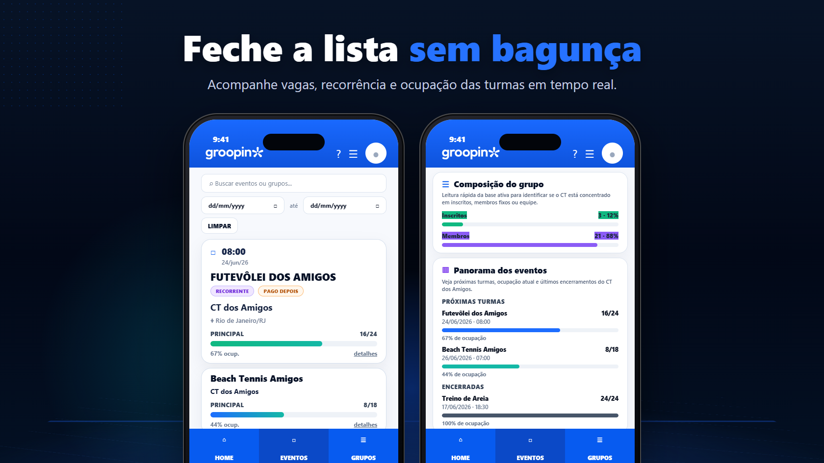 Feche a lista sem bagunça — acompanhe vagas, recorrência e ocupação das turmas do CT dos Amigos
