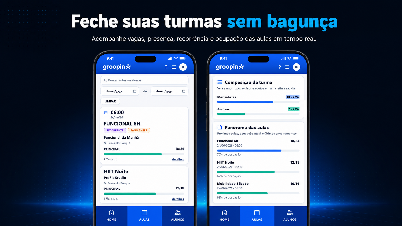 Feche suas turmas de treinamento funcional sem bagunca acompanhando vagas, presenca, recorrencia e ocupacao das aulas